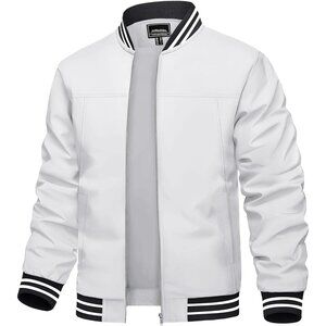 Men's White Bomber Lightweight Casual Spring Fall Windbreaker Zip Up Jacket